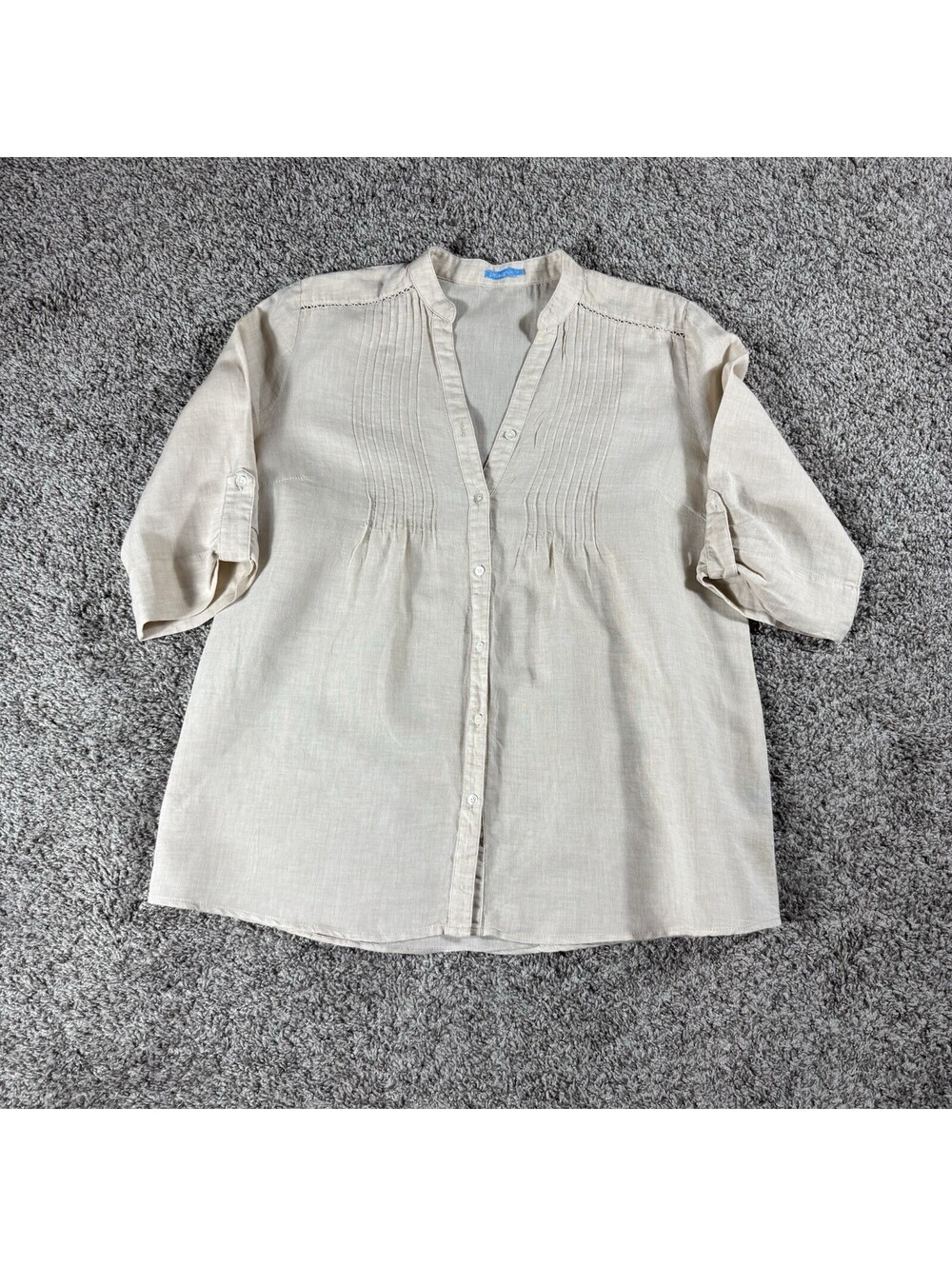 J. McLaughlin Beige Linen Dress Pleated 1/2 Button Up Summer Vacation Size M